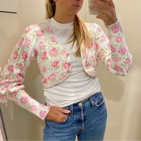 LoveShackFancy Sweaters - LoveShackFancy Bishop Vintage Rose Bud Cropped Cardigan Sweater Size XS/S